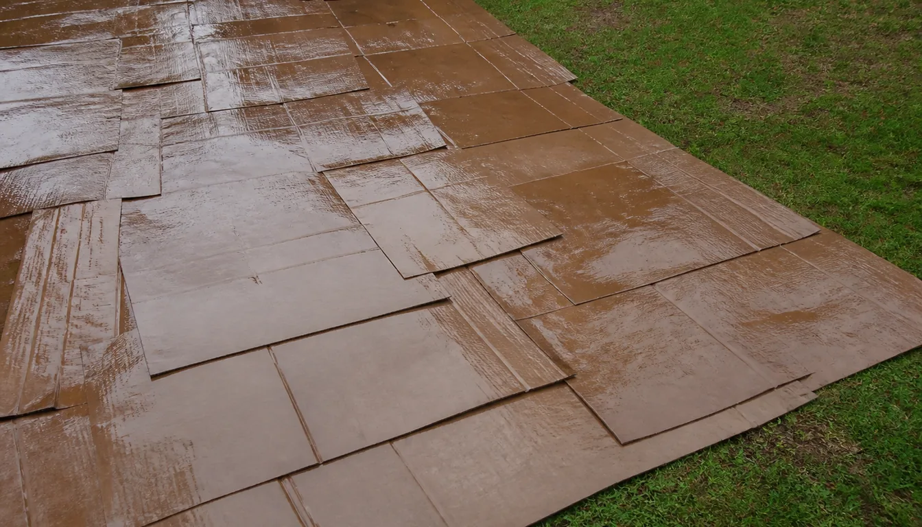 Wet plain cardboard sheets overlapping across closely cut grass with no open seams between pieces