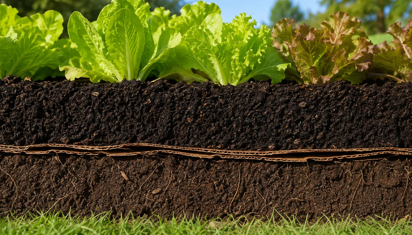 Side cutaway of lettuce growing in dark compost above a softened cardboard layer and intact native soil
