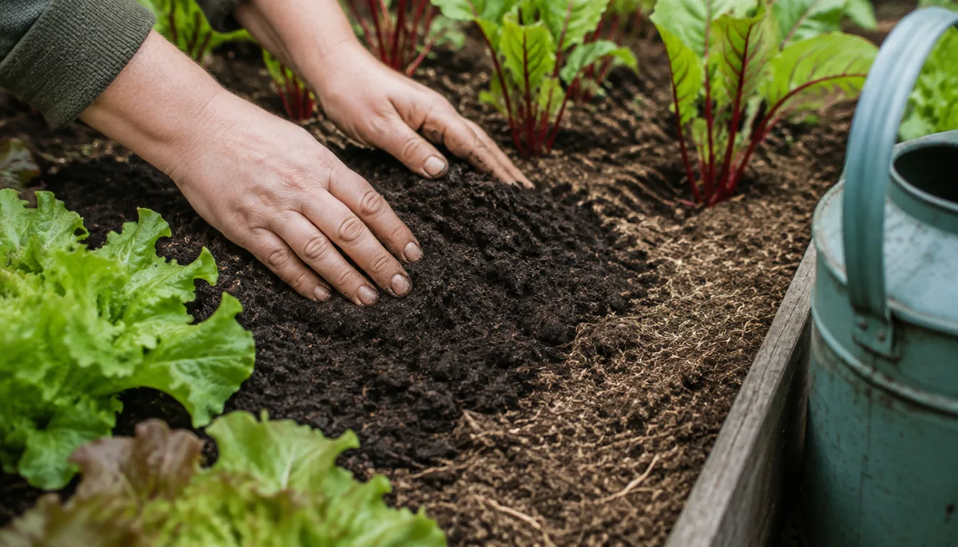 Hands setting a young leafy transplant into dark compost between established lettuce and chard in a permanent bed