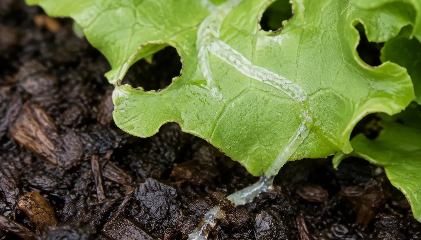 Close view of a lettuce leaf with irregular feeding holes and a silvery slug trail above wet organic mulch