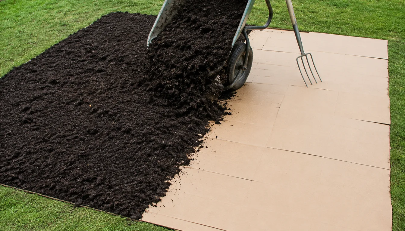 A wheelbarrow tipping dark compost across overlapping plain cardboard laid directly over closely mown lawn