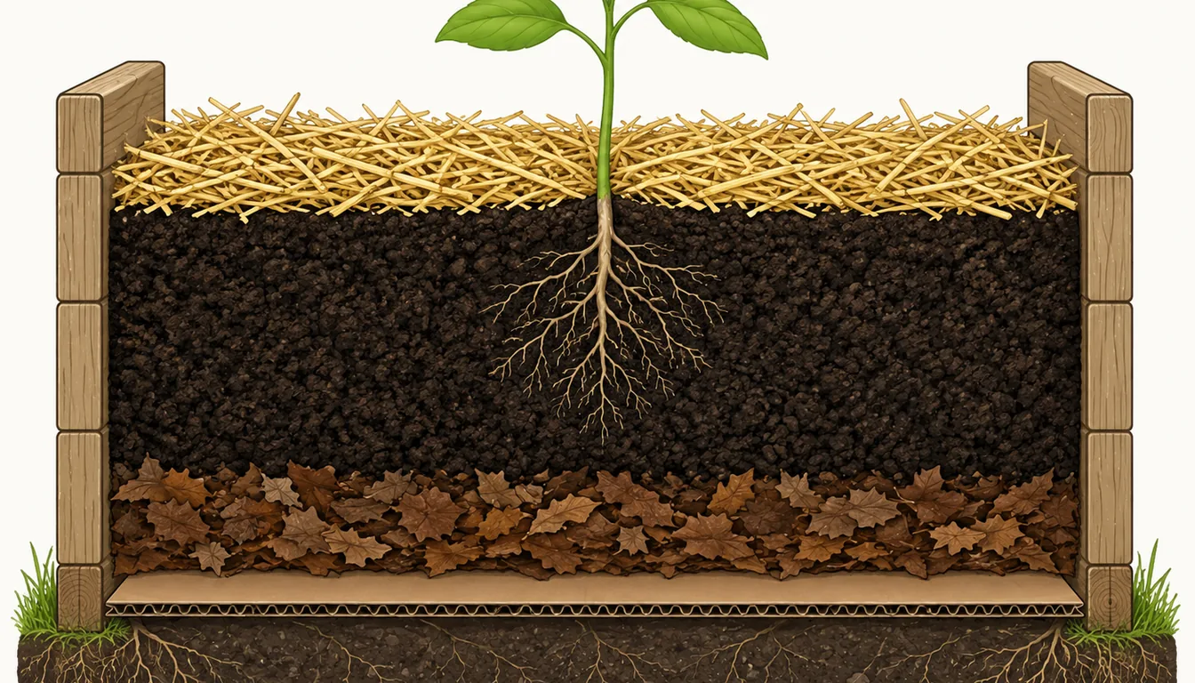 Illustrated cross section with native soil, plain cardboard, a thin leaf layer, deep finished compost, surface straw, and a plant rooted through the stack