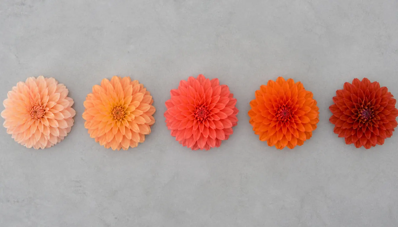 Five dahlia blooms laid out overhead on a plain gray surface stepping from pale peach through apricot and coral to saturated true orange and darkened rust, showing how far apart the catalog names sit
