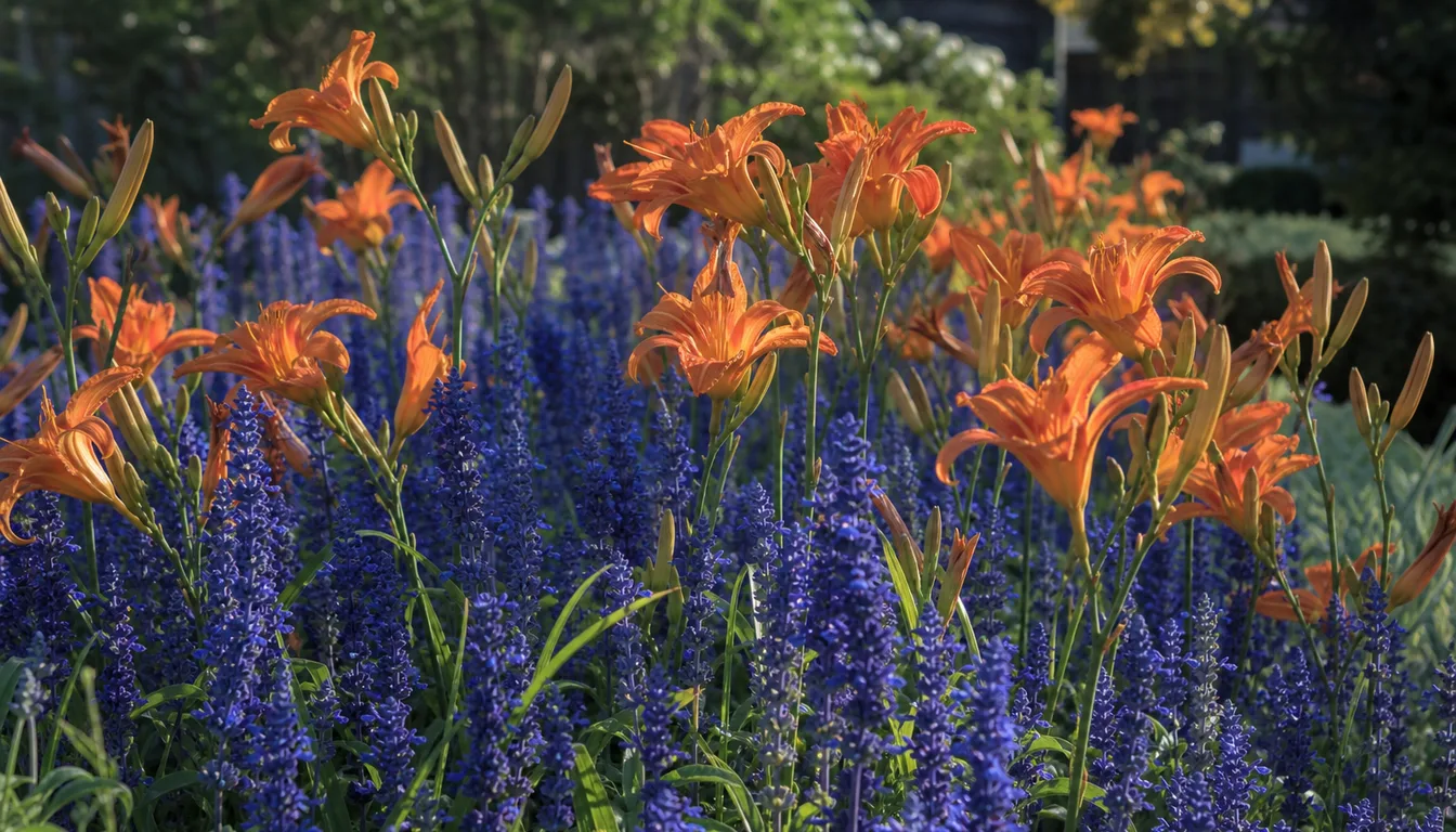 A residential mixed border in bright overcast light where a pale apricot-toned flower and a saturated true-orange flower bloom in the same frame, showing how far apart two orange-family colors can look