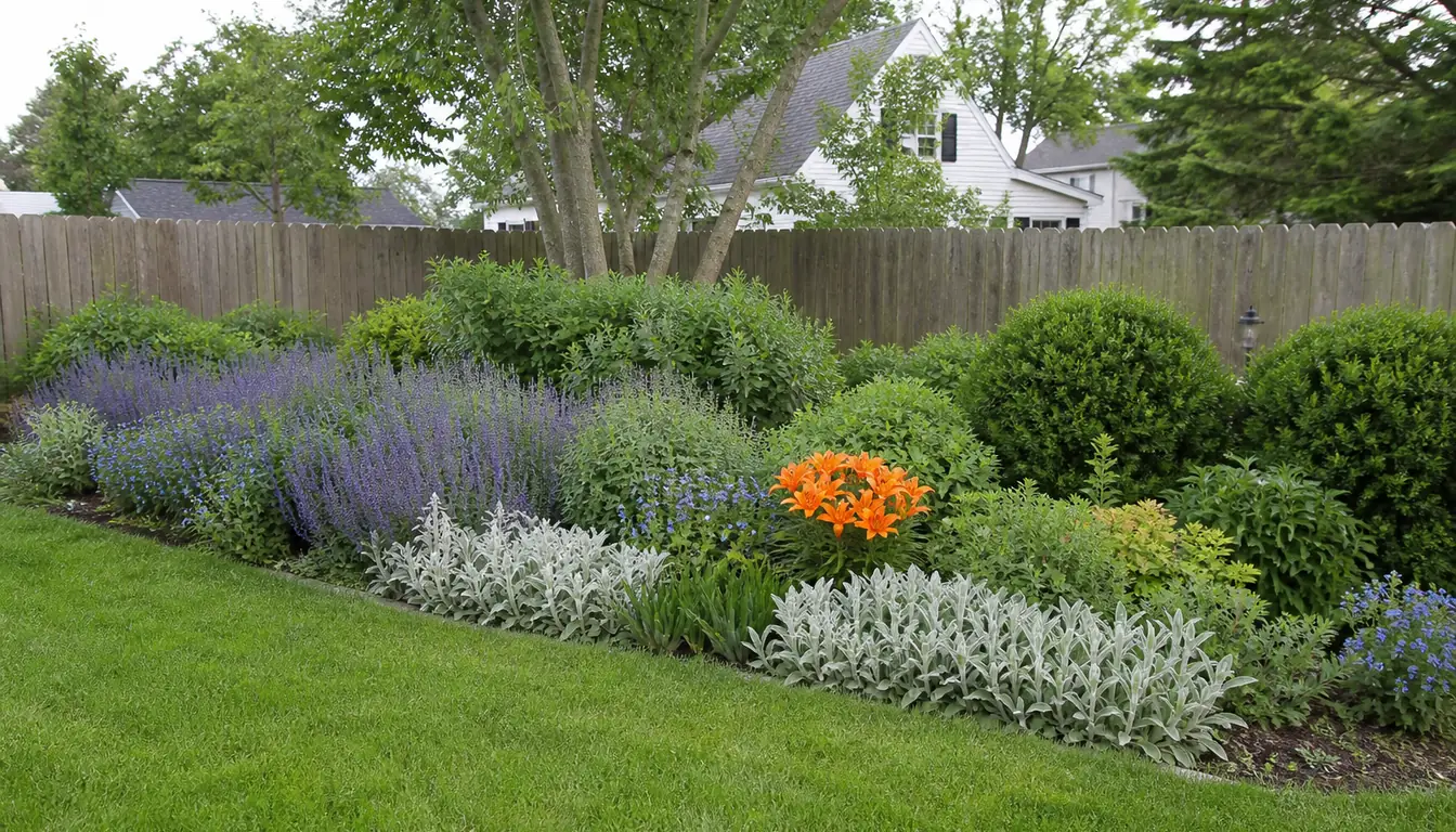 A residential border seen from standing distance where one tight group of orange lilies is the only warm color, surrounded by blue salvia, silver lambs ear and green shrubs