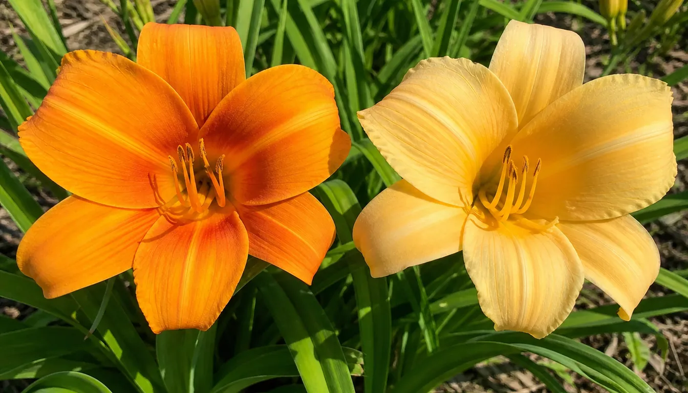 Two daylily blooms in one full-sun bed, one holding saturated orange and one bleached to pale cream-orange, both with firm undamaged petals so the only difference is color
