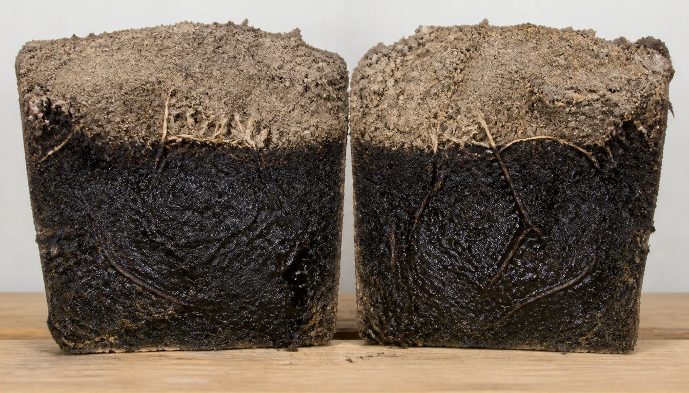 A root ball sliced from top to bottom and stood upright, showing a pale dry crumbly upper third above a dark glossy saturated lower two thirds with a sharp boundary between them