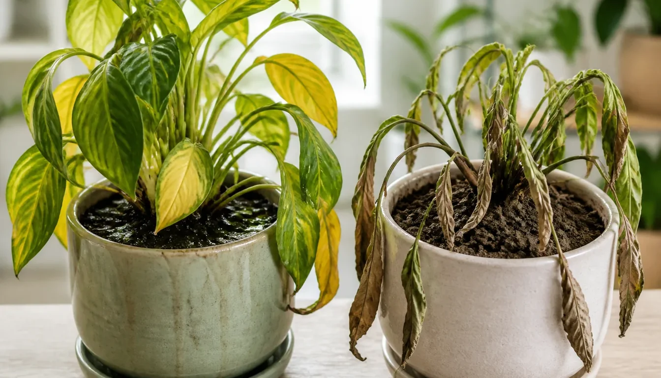 A wilting potted houseplant on a table with a hand checking the soil at the pot, the moment of deciding whether to water it or stop