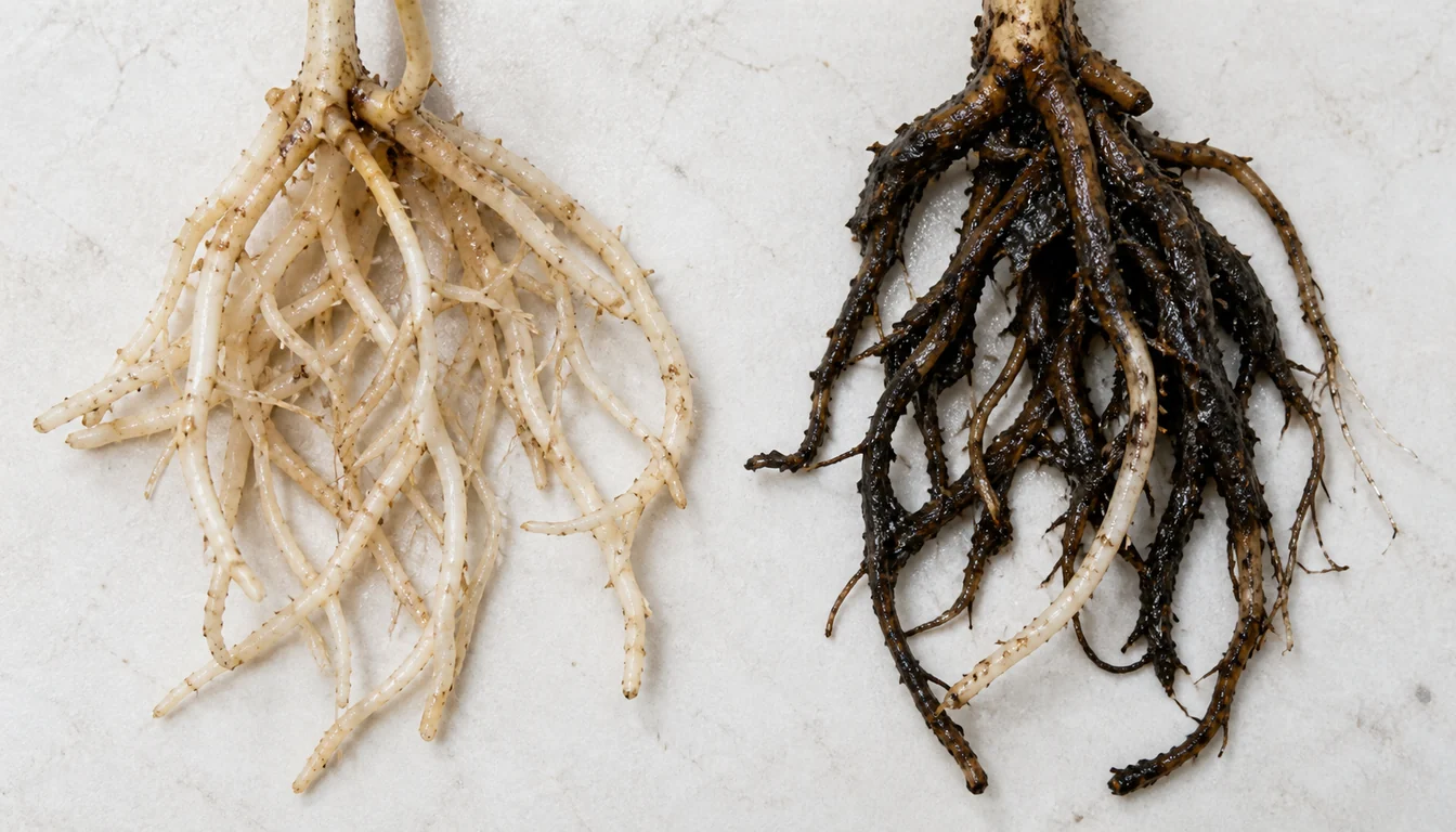 Two washed root samples side by side, firm plump white to tan roots on the left and dark brown collapsed slimy roots on the right with the outer skin slipped off one root