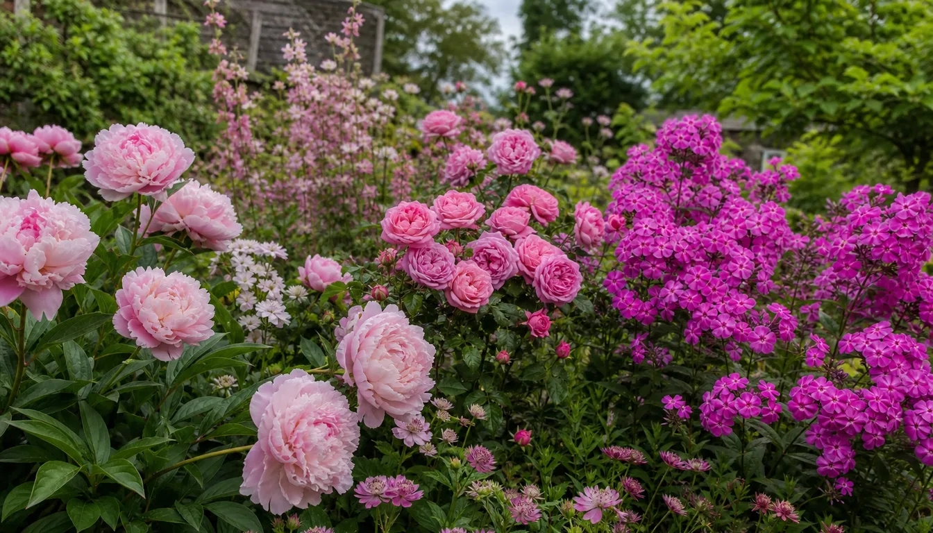 A mixed garden border in early summer where one cool blush pink repeats along the bed beside blue-purple salvia and gray-green foliage, under soft overcast light