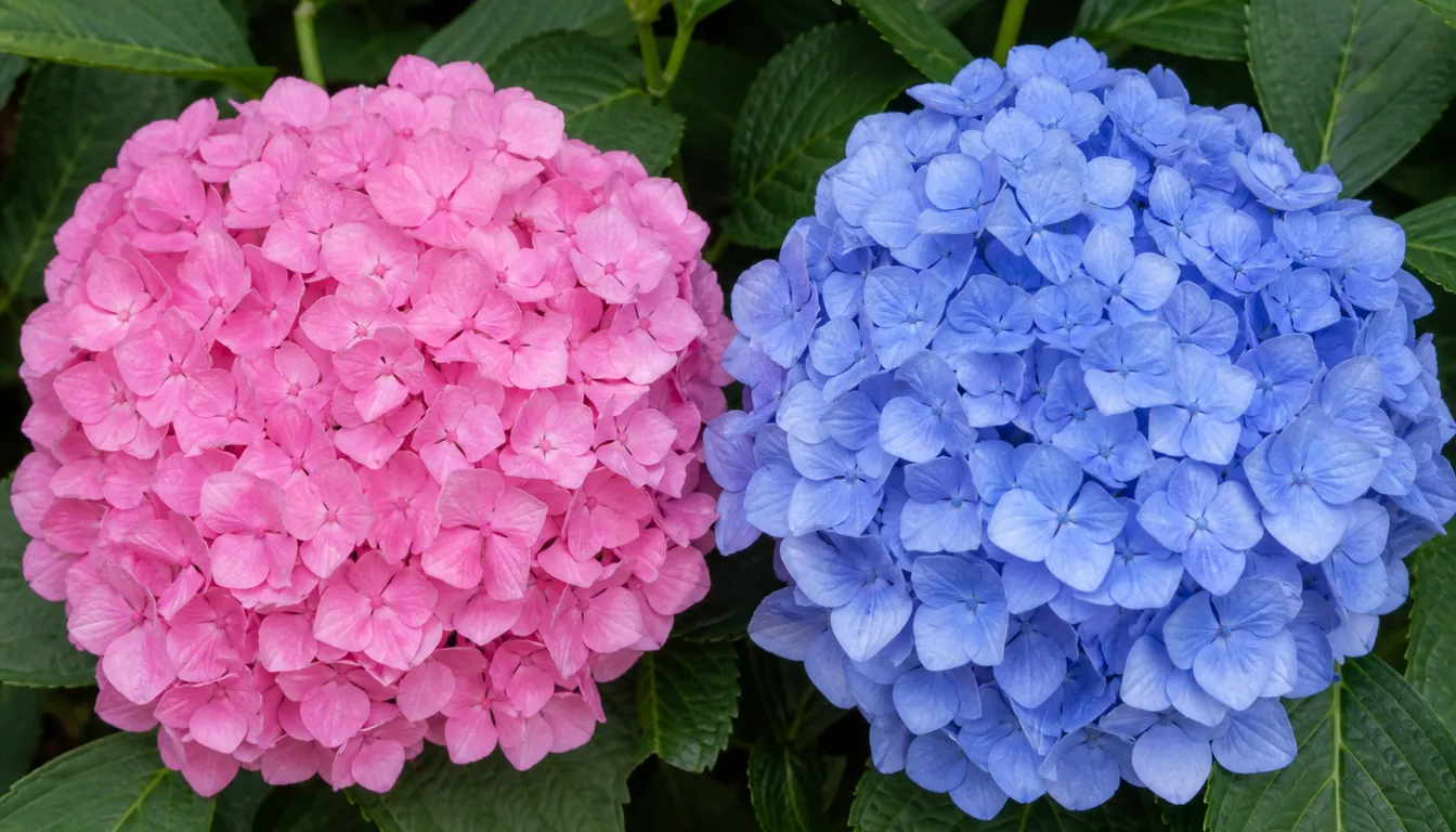 Two mophead hydrangea flower heads of the same cultivar side by side on their shrubs, one clear pink and one clear blue, both under even diffuse daylight with green foliage behind them