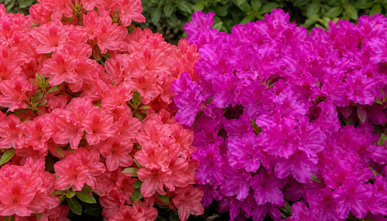 A coral-salmon pink azalea in full bloom growing directly against a blue-toned magenta azalea, their flowers meeting in the middle of the frame under even overcast light, the two pinks visibly discordant against plain green foliage