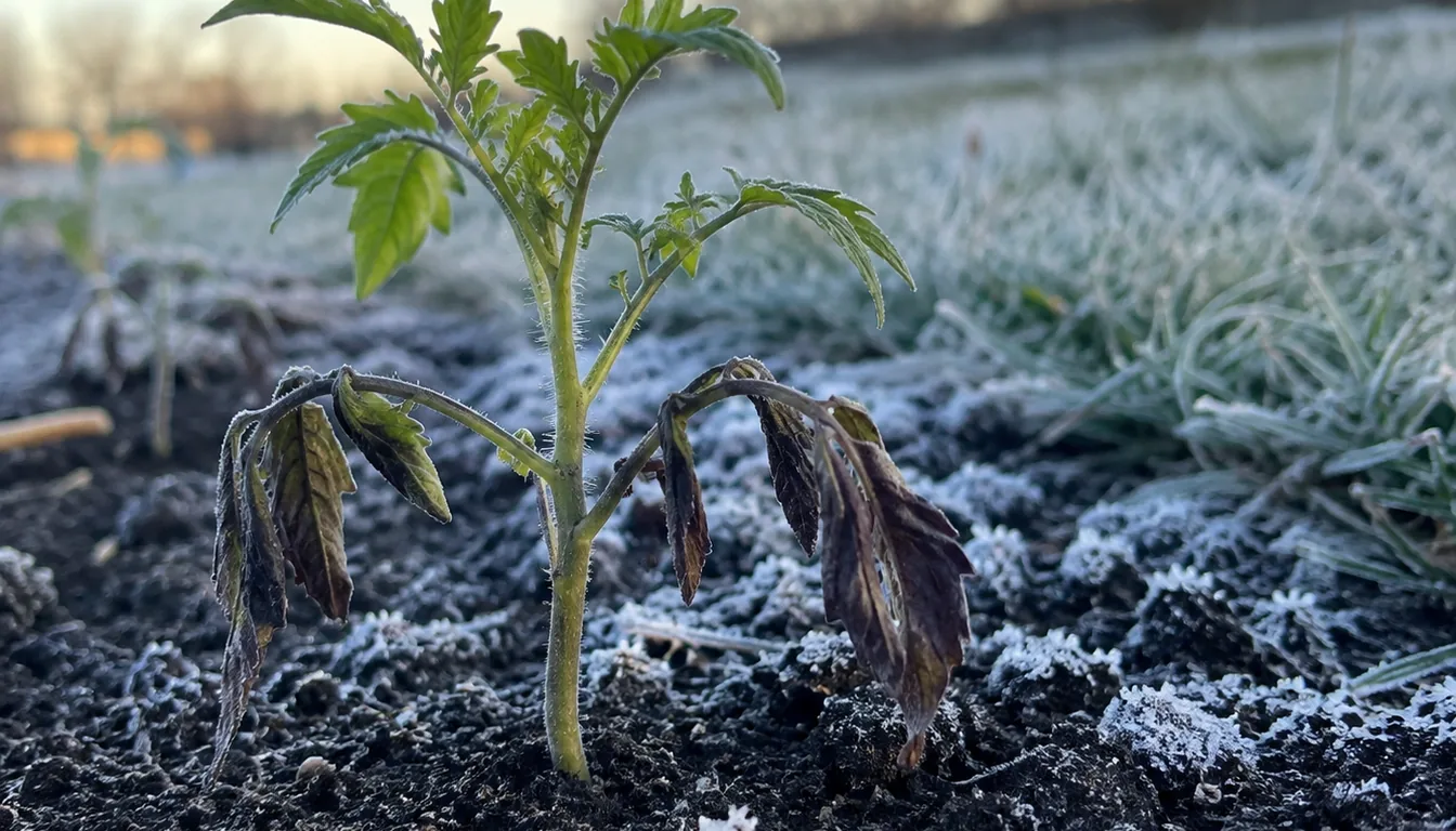 Young tomato transplant with blackened lower leaves standing in frost-covered garden soil