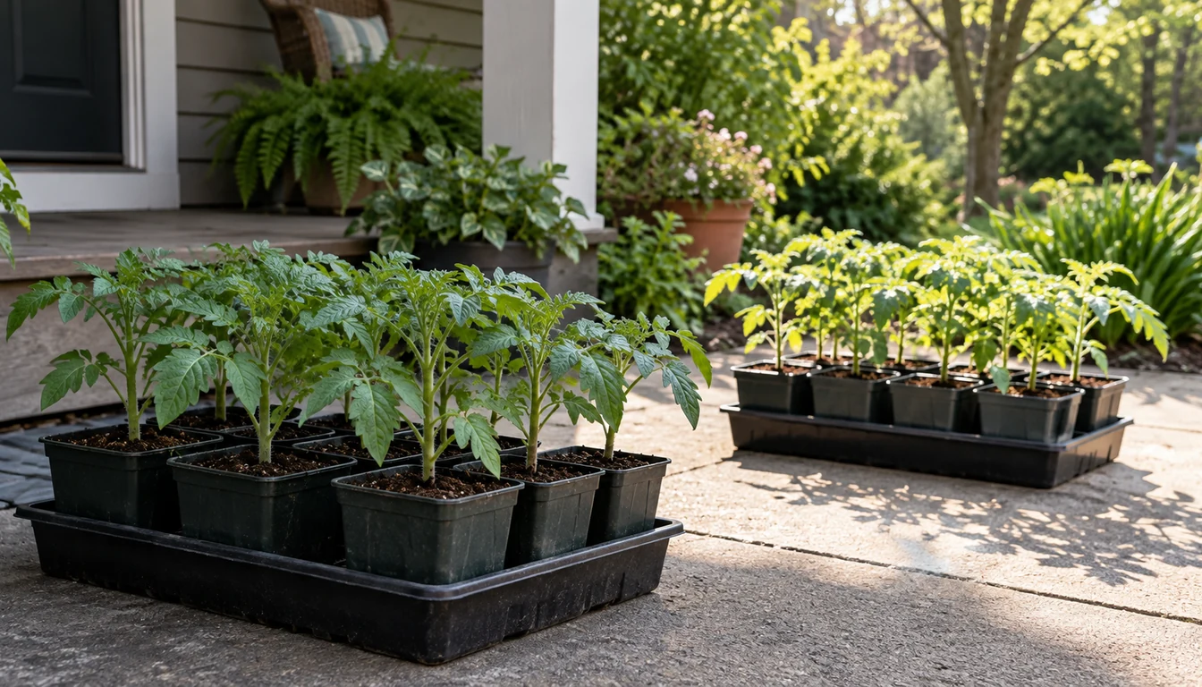 Tomato seedling trays sit in shade near a porch and in a brighter area farther away.