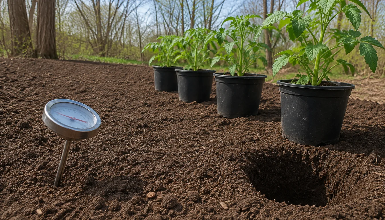 Stocky tomato transplants beside prepared garden soil with a soil thermometer and an open planting hole