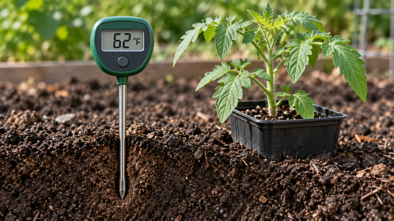 AI-assisted cutaway illustration of a digital soil probe beside a potted tomato seedling, displaying an example reading of 62°F.