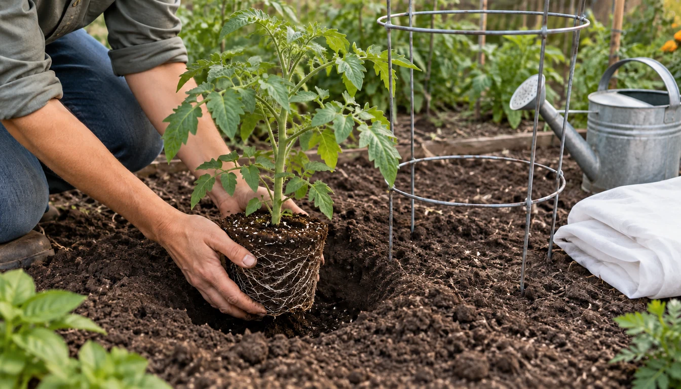 Gardener setting a stocky tomato transplant into a deep planting hole beside an installed cage and folded row cover