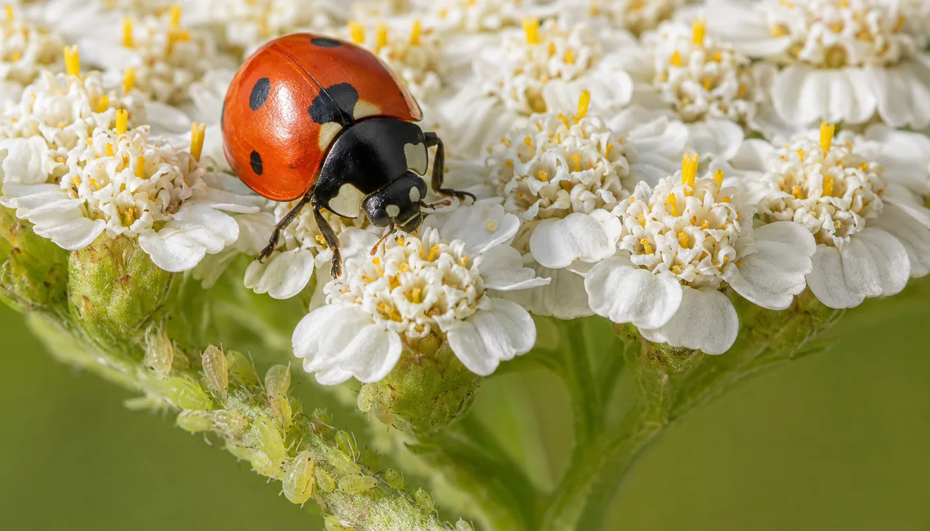 Red adult lady beetle on a flat white yarrow flower above a stem carrying pale aphids