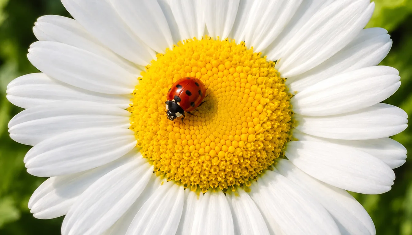 Adult lady beetle standing on the open yellow center of a single white daisy-style flower