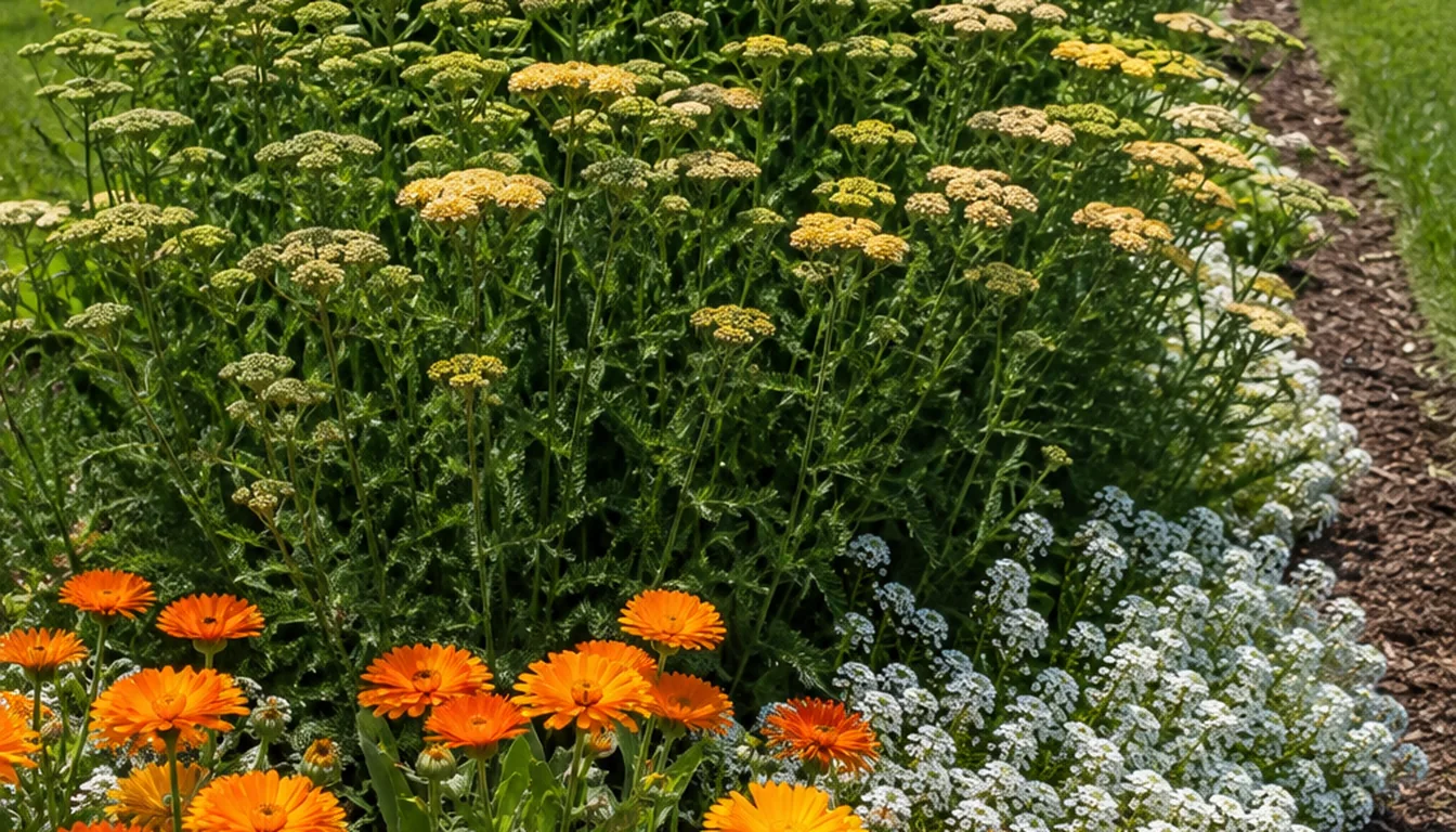 Mixed border of yellow yarrow, white alyssum, and orange calendula flowering at the same time