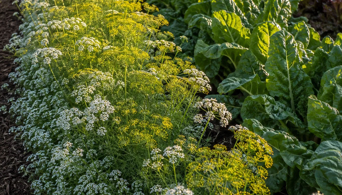 Leafy vegetable bed bordered by flowering dill, cilantro umbels, and low white alyssum