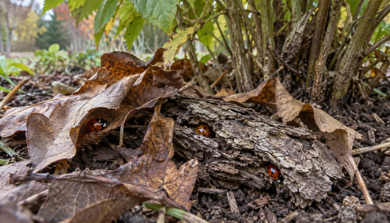 Three red lady beetles sheltering under dry leaves and loose bark beneath a garden shrub