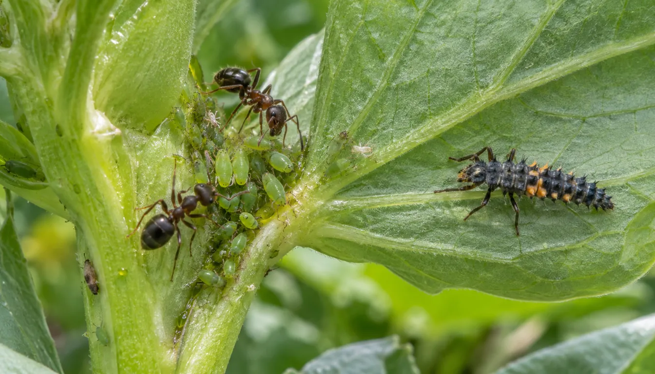 Two ants tending green aphids as an orange-marked lady beetle larva approaches across a leaf