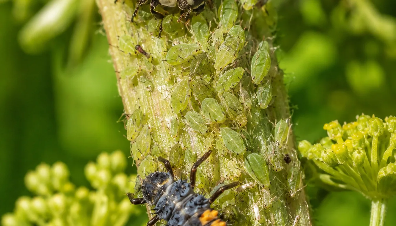 Dark orange-marked lady beetle larva feeding among pale green aphids beside a yellow flower head