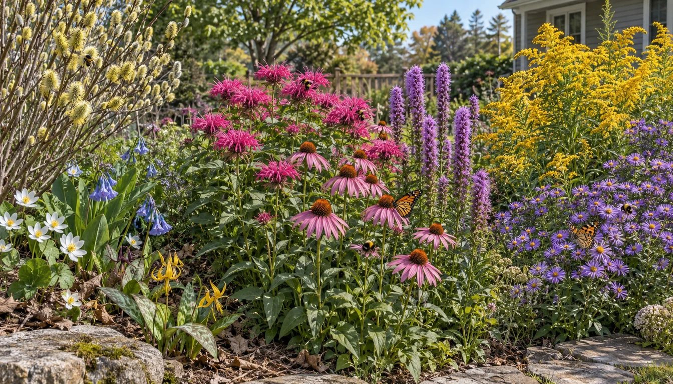 A garden moving from spring willow catkins and woodland flowers through summer bee balm and coneflower to fall asters and goldenrod