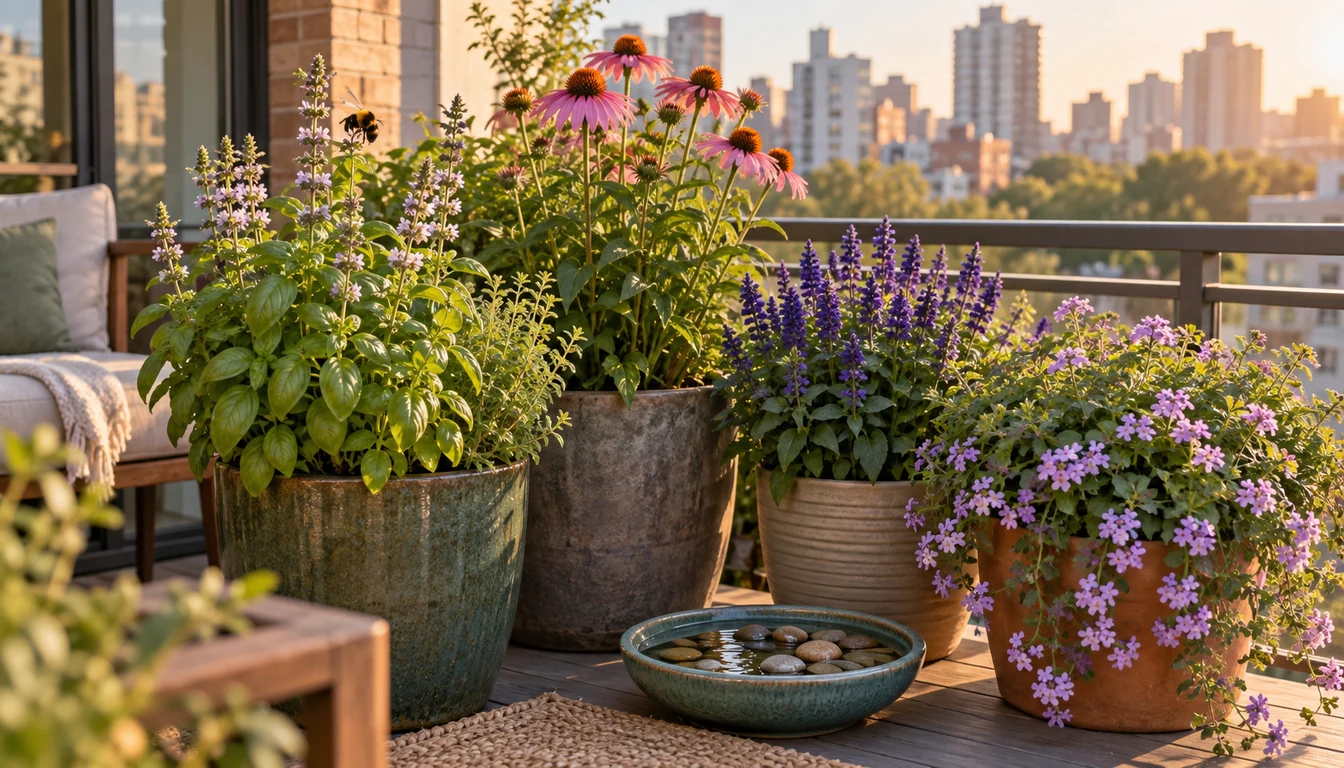 Four balcony containers with flowering basil, coneflower, salvia, and trailing verbena beside a shallow stone-filled water dish
