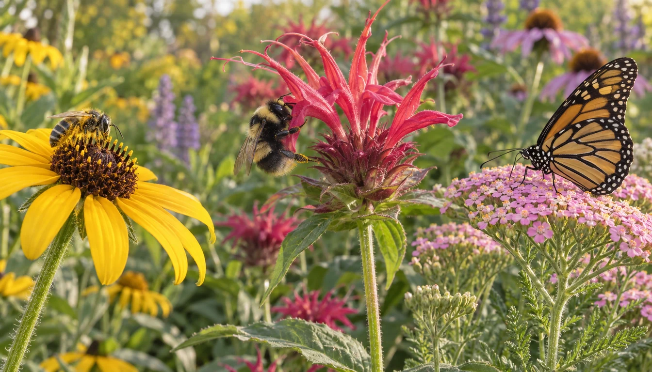 A small native bee, bumblebee, and monarch butterfly feeding on open, tubular, and flat-topped flowers
