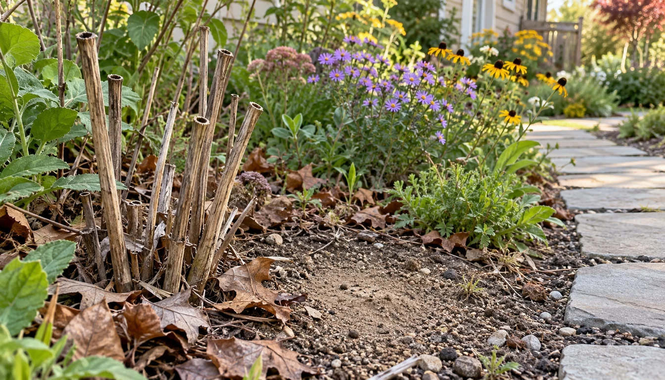 An intentional garden edge with bare mineral soil, hollow standing stems, dry leaves, and flowers beside a clean path