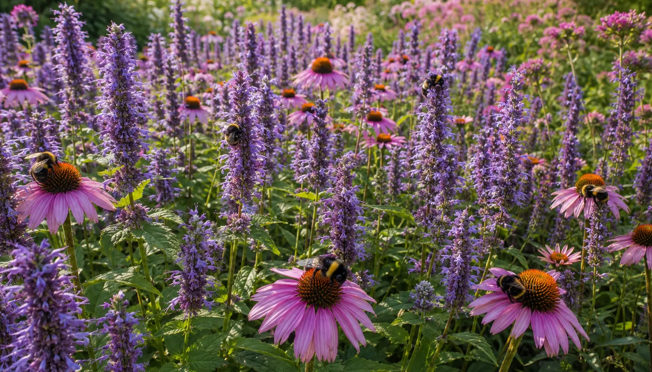 A wide drift of purple coneflower and lavender agastache spikes in full bloom with five or six bumblebees working different flower heads at once