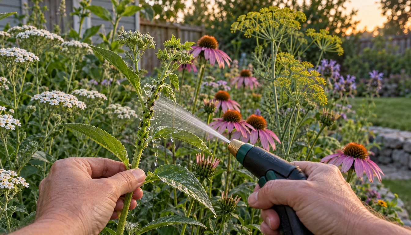 A gardener rinsing aphids from one affected stem while nearby pollinator flowers remain dry and untouched