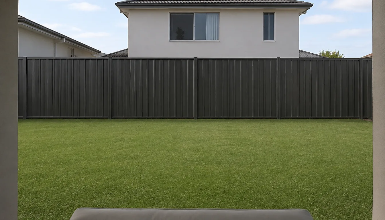 The view from a patio chair across a lawn to a low fence with a neighboring upstairs window visible above it and nothing planted in between