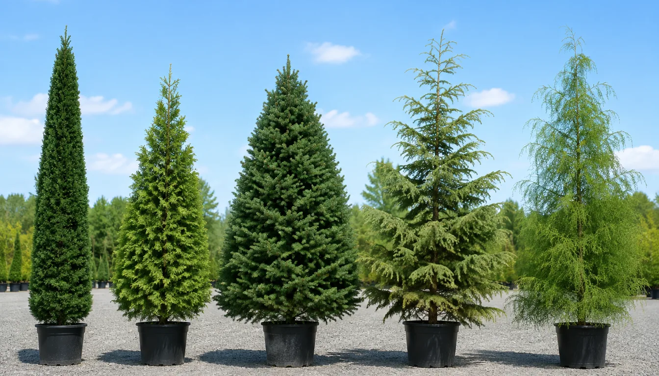Five different evergreen trees in black nursery containers side by side, from a narrow columnar form through a broad dense pyramid to a loose open feathery one