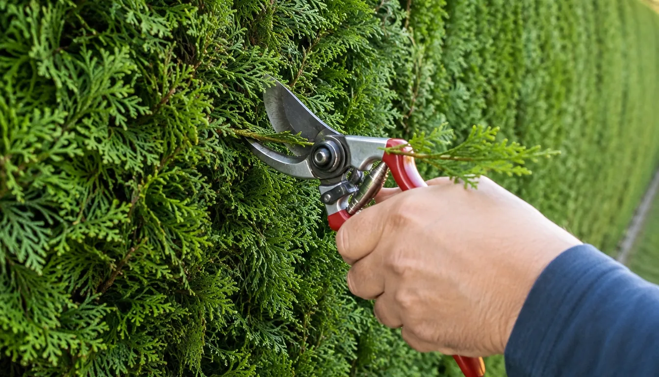 A hand using pruners to shorten one long shoot sticking out beyond the flat clipped face of an evergreen hedge, cutting back inside the outline into denser growth