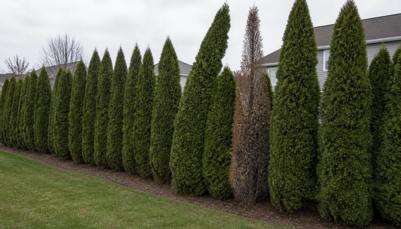 A row of tall narrow evergreen privacy trees where two lean noticeably out of line and one has gone brown and thin from the base up with bare inner branches showing