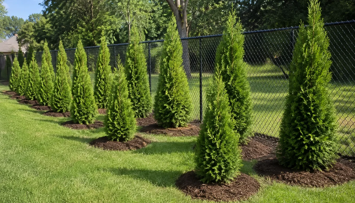 A staggered double row of young upright arborvitae along a property line in front of a low chain link fence, offset so the front-row gaps sit behind the back-row trunks