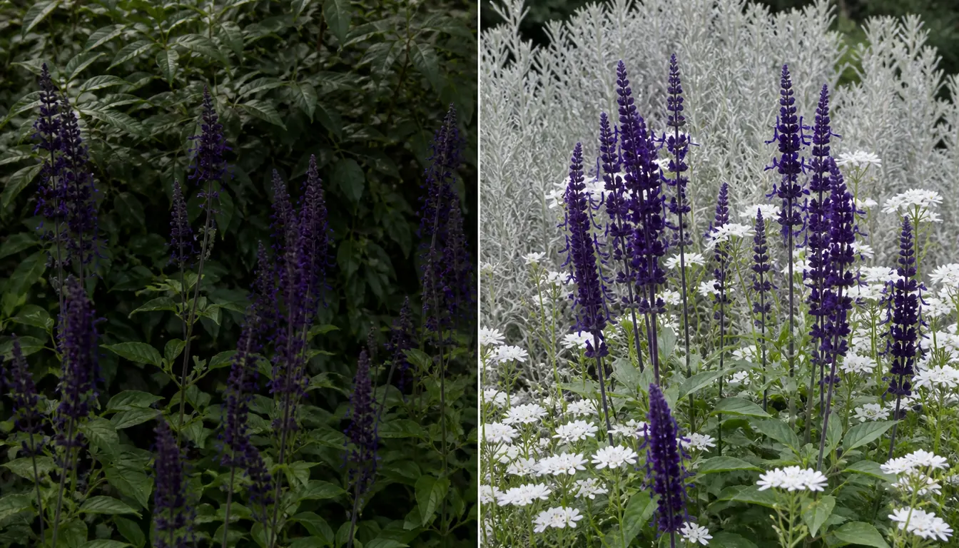 The same deep violet salvia spikes shown twice under identical light, nearly swallowed by dark green foliage on the left and standing out sharply against silver foliage and white flowers on the right