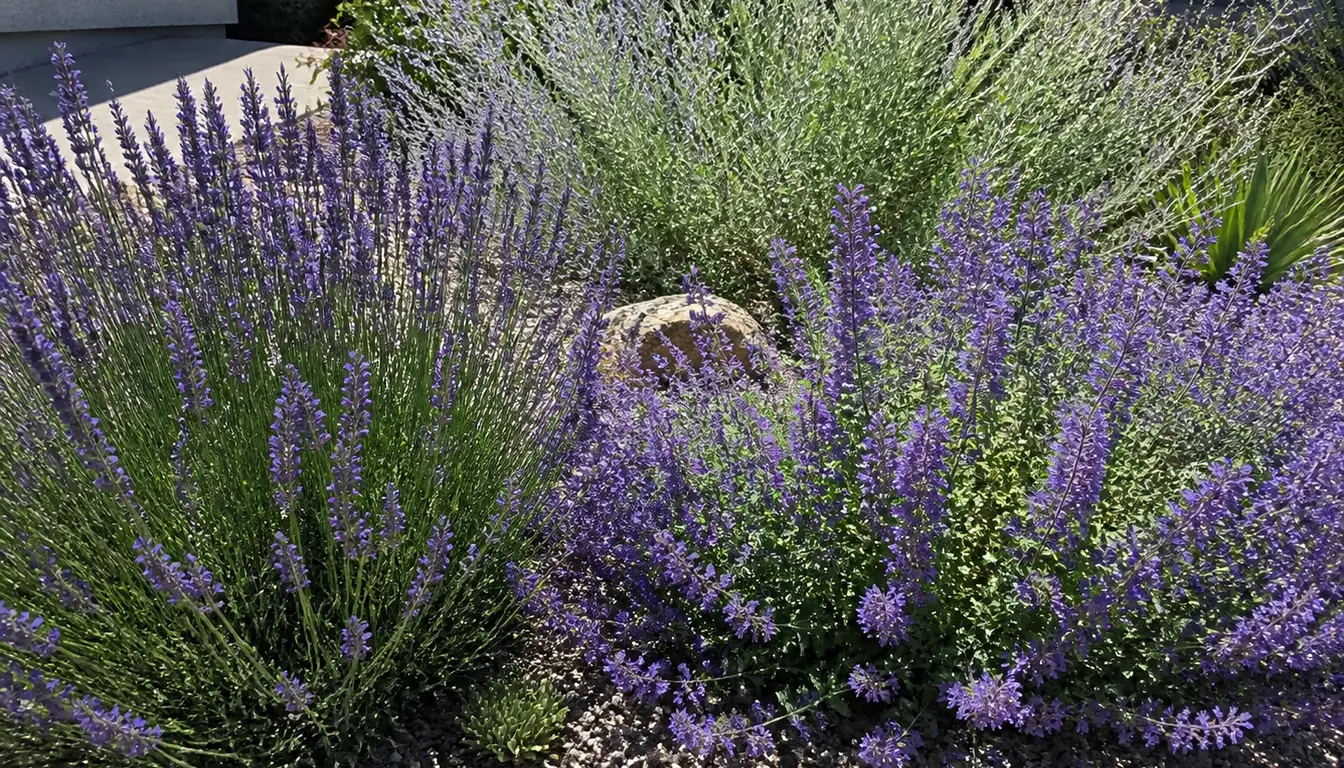 Lavender, catmint and Russian sage flowering over gravel mulch in a dry sunny bed with visibly free-draining soil and no irrigation
