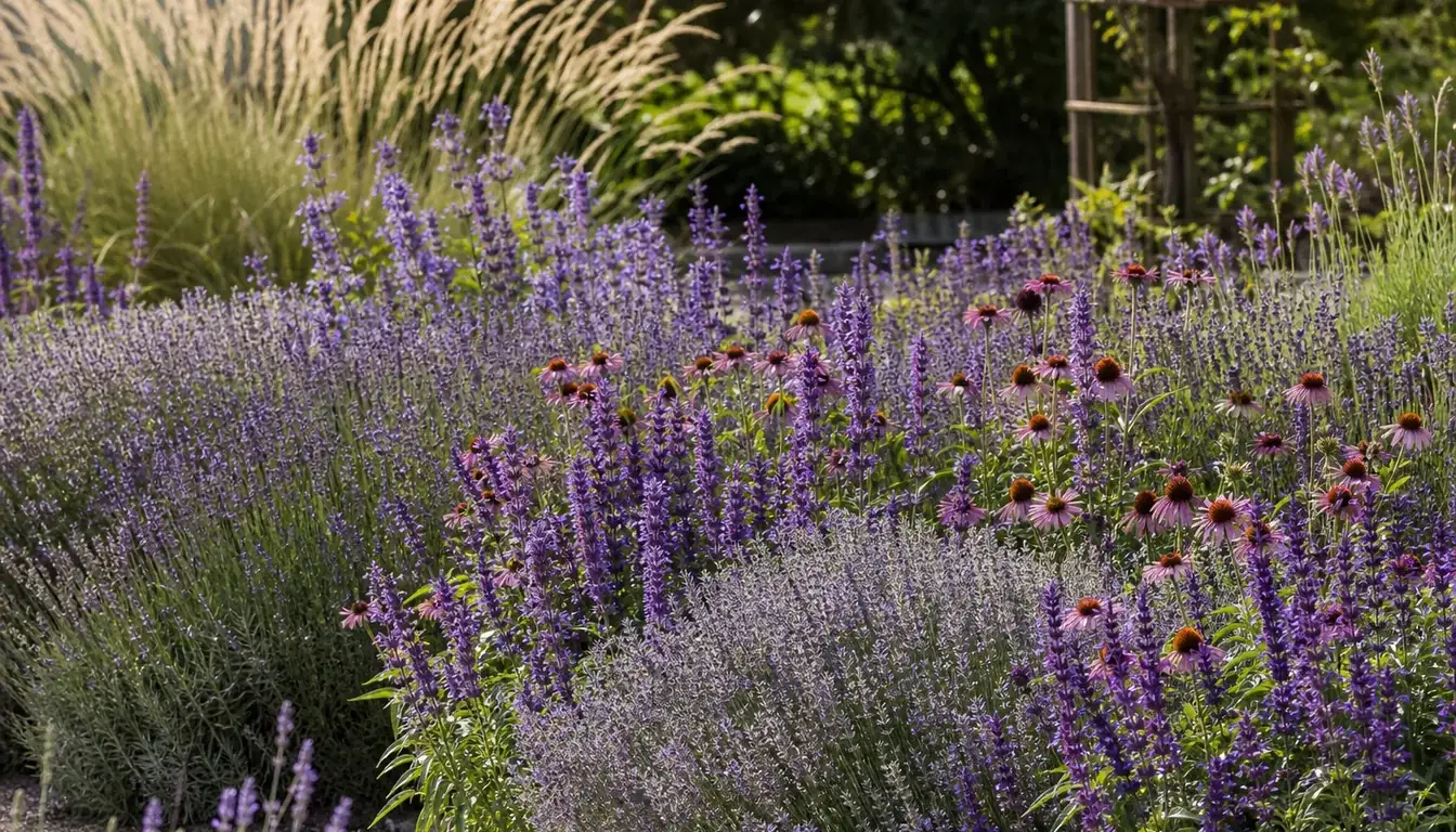 A mixed summer border where purple repeats through the planting and ties the other colors together