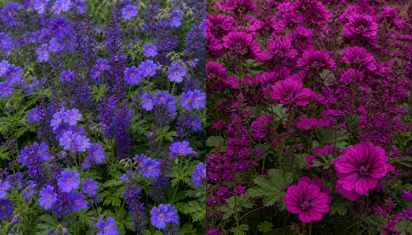 A split frame under even light with cool blue-violet geranium and salvia on the left and warm magenta mallow and salvia on the right, both recognizably purple but opposite in temperature