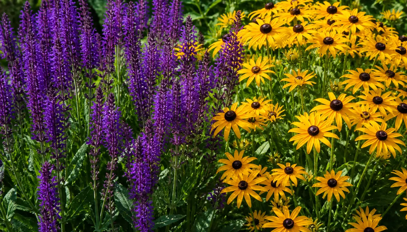 Deep purple salvia spikes growing directly beside golden yellow black-eyed Susans in a mixed border, the complementary contrast at full strength