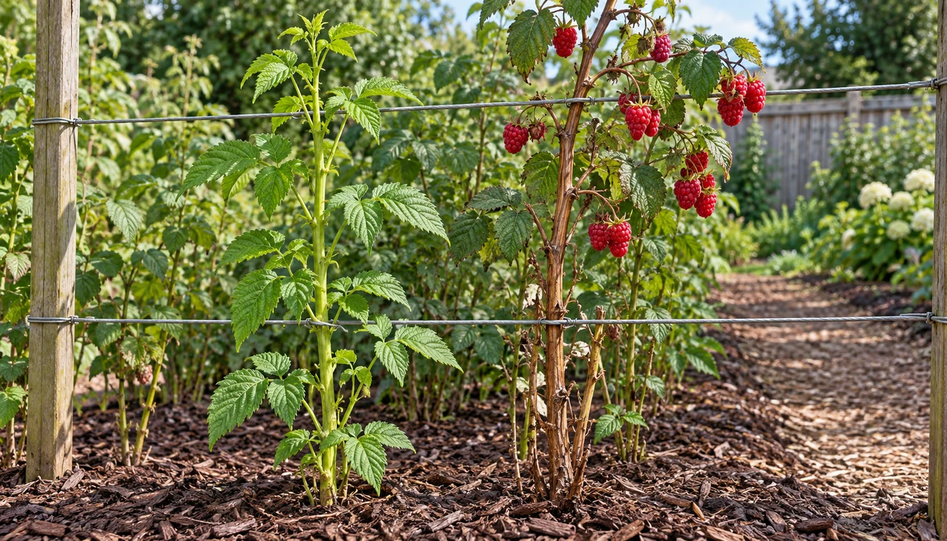 A green first-year raspberry primocane beside a woody second-year floricane carrying ripe berries on the same wire trellis