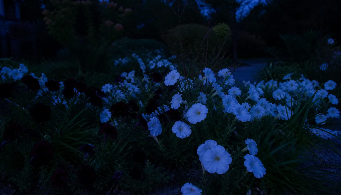 A garden bed at twilight with no artificial light, where the red petunias have gone almost black and unreadable while the white petunias beside them still stand out clearly