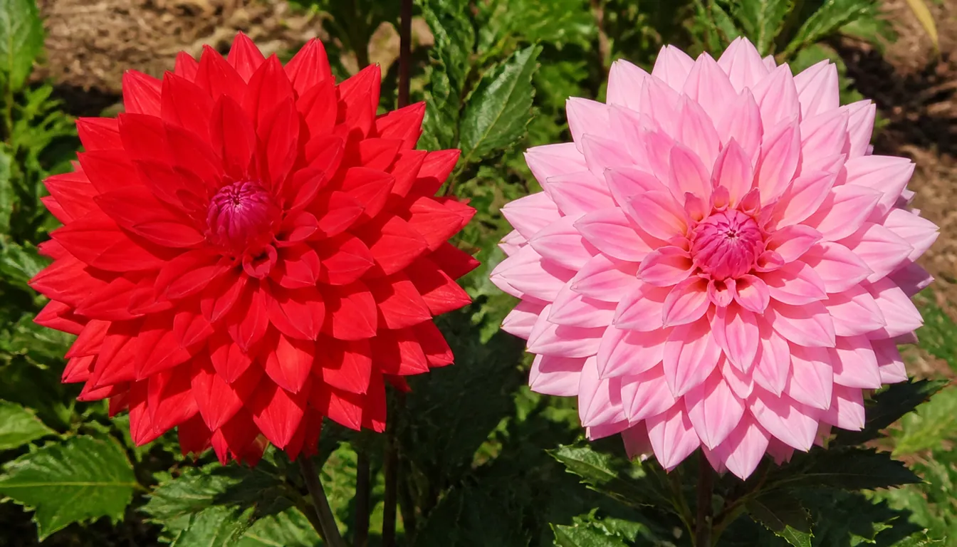 Two dahlia blooms of the same variety in one sunny bed, the left one deeply saturated red and the right one bleached to pale washed-out pink, both with firm undamaged petals