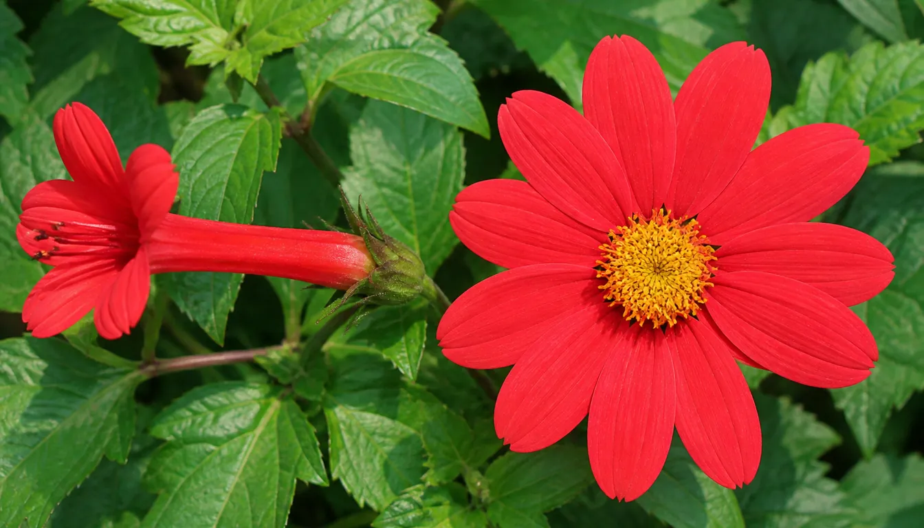 A long narrow red trumpet flower beside a flat open red daisy-form flower with an exposed yellow center, both at the same scale against green foliage