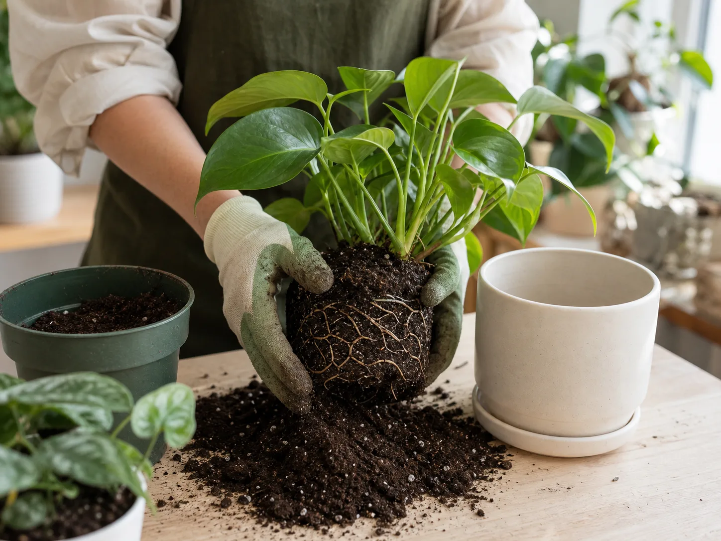 A houseplant being repotted with fresh potting mix