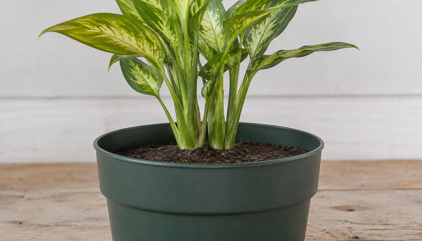 A repotted dieffenbachia seen at pot rim level, the bases of its stems sitting level with the surface of the fresh dark mix and an open gap between that surface and the top of the pot